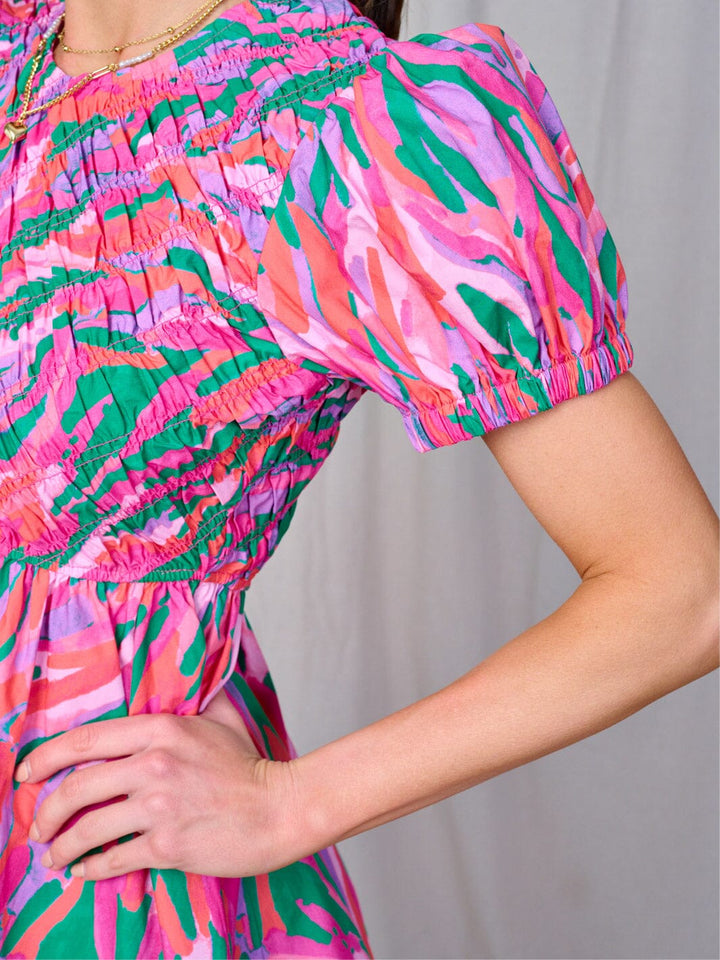 WOMEN'S SHORT SLEEVE SMOCK MULTI PRINT MINI DRESS