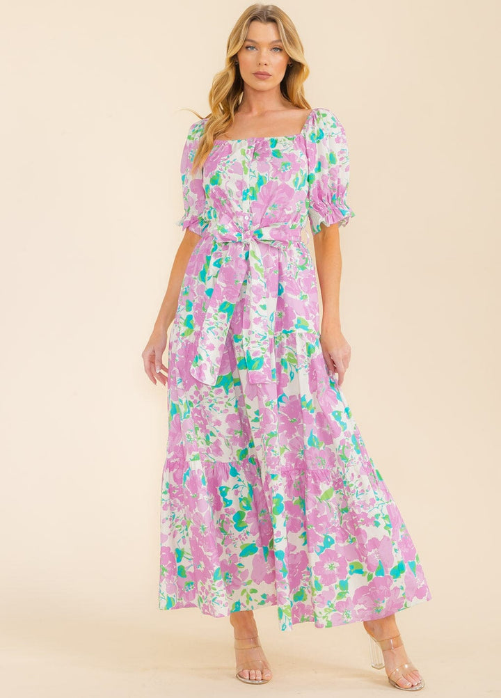 WOMEN'S SHORT SLEEVE SQUARE NECK FRONT POCKETS MULTI PRINT MAXI DRESS