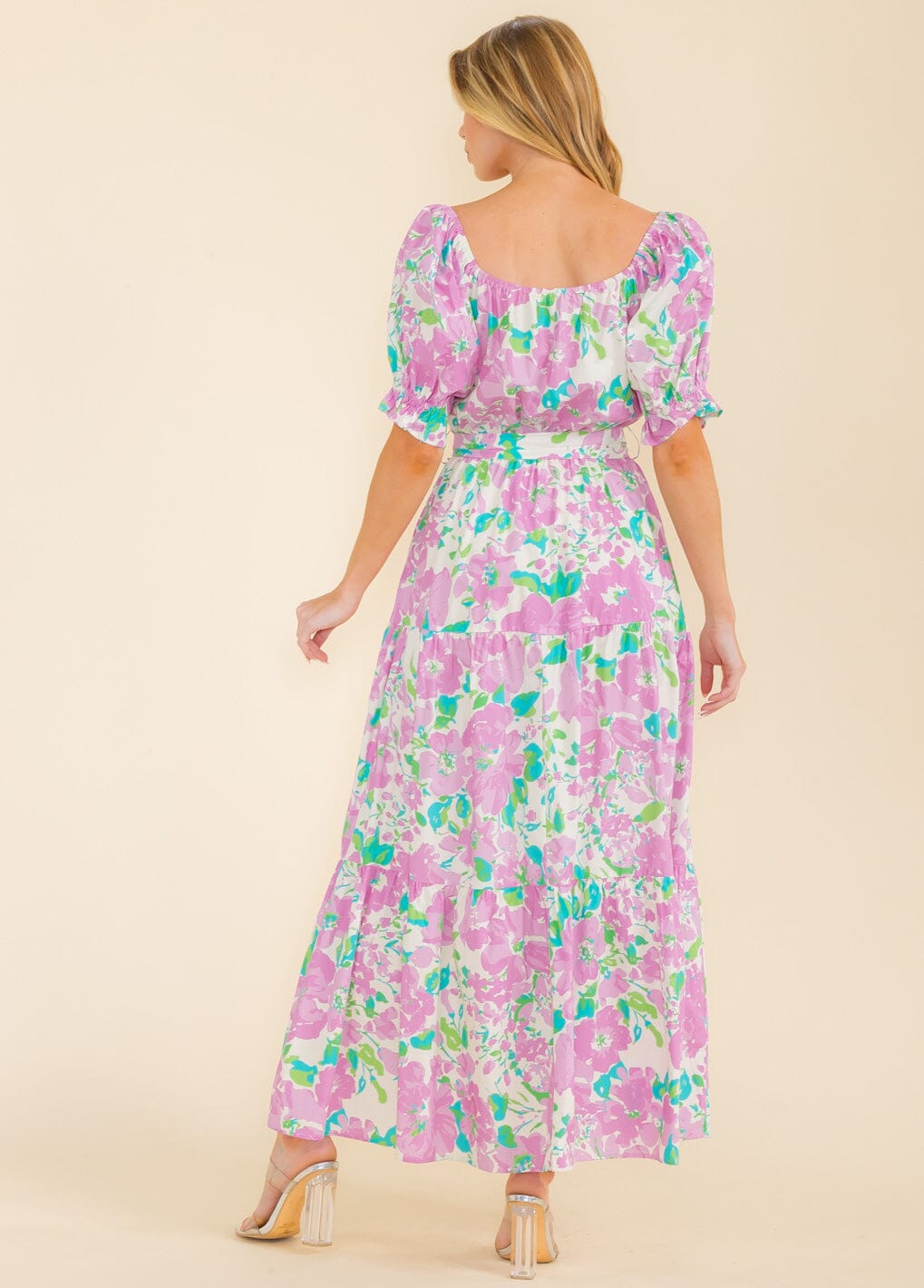 WOMEN'S SHORT SLEEVE SQUARE NECK FRONT POCKETS MULTI PRINT MAXI DRESS