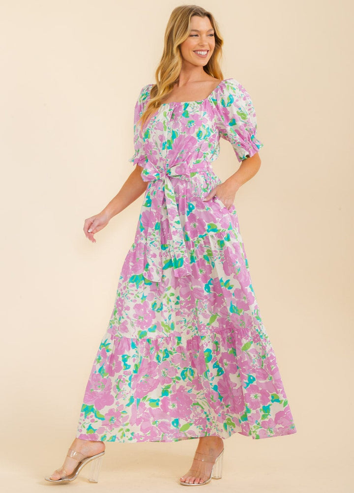WOMEN'S SHORT SLEEVE SQUARE NECK FRONT POCKETS MULTI PRINT MAXI DRESS