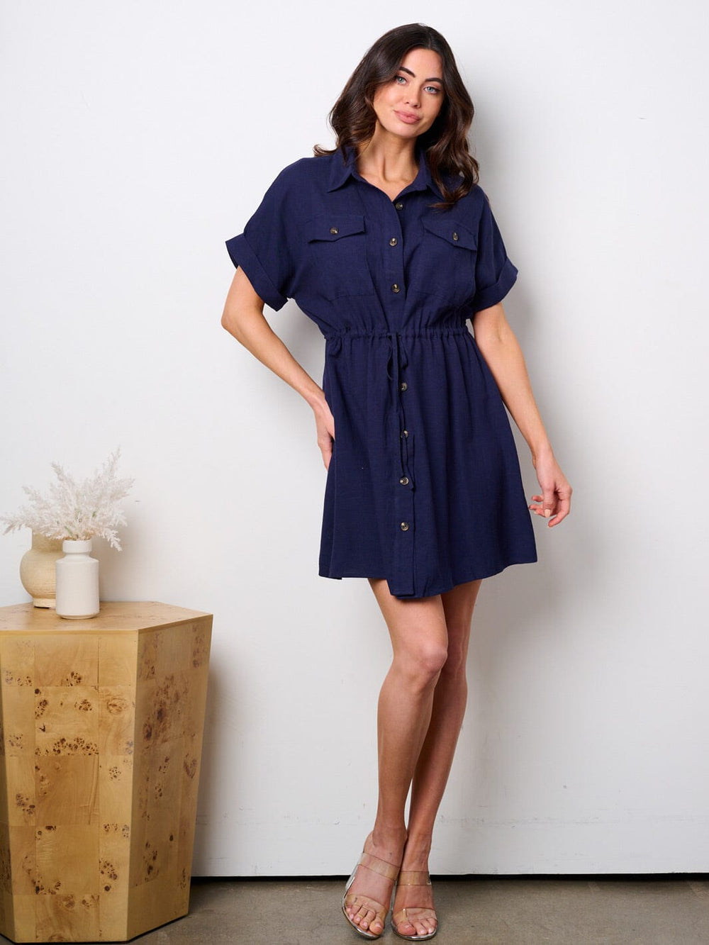 WOMEN'S SHORT SLEEVE BUTTON UP POCKETS FIT & FLARE MINI DRESS