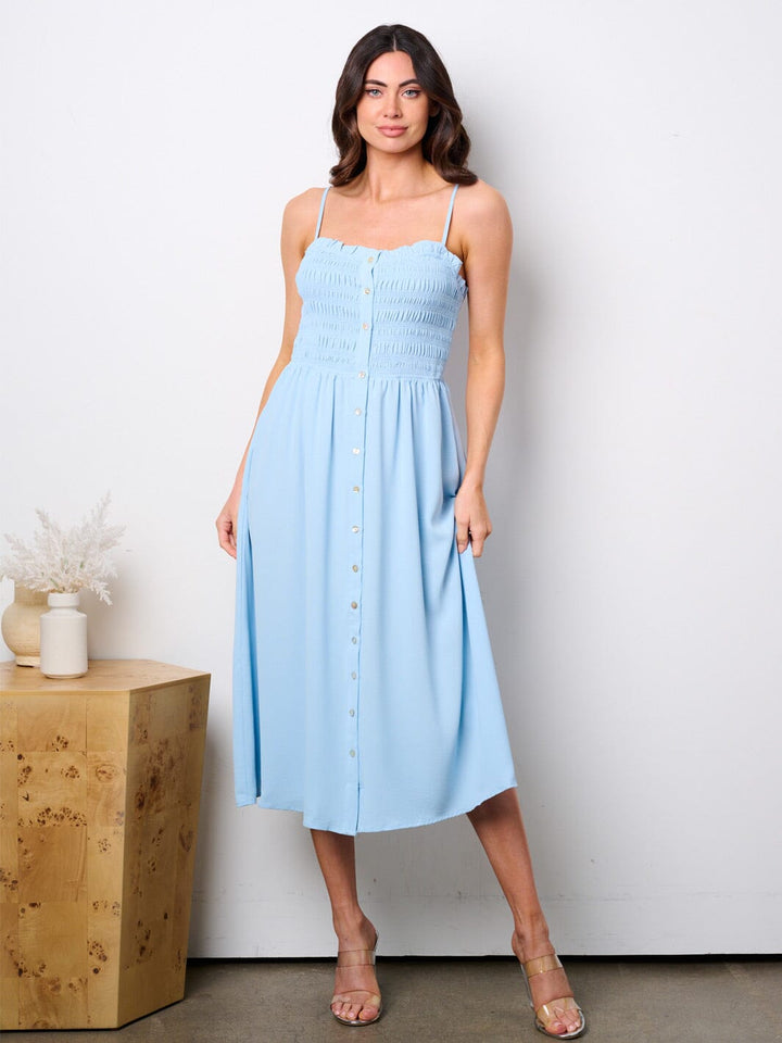WOMEN'S SLEEVELESS BUTTON UP SMOCK MIDI DRESS