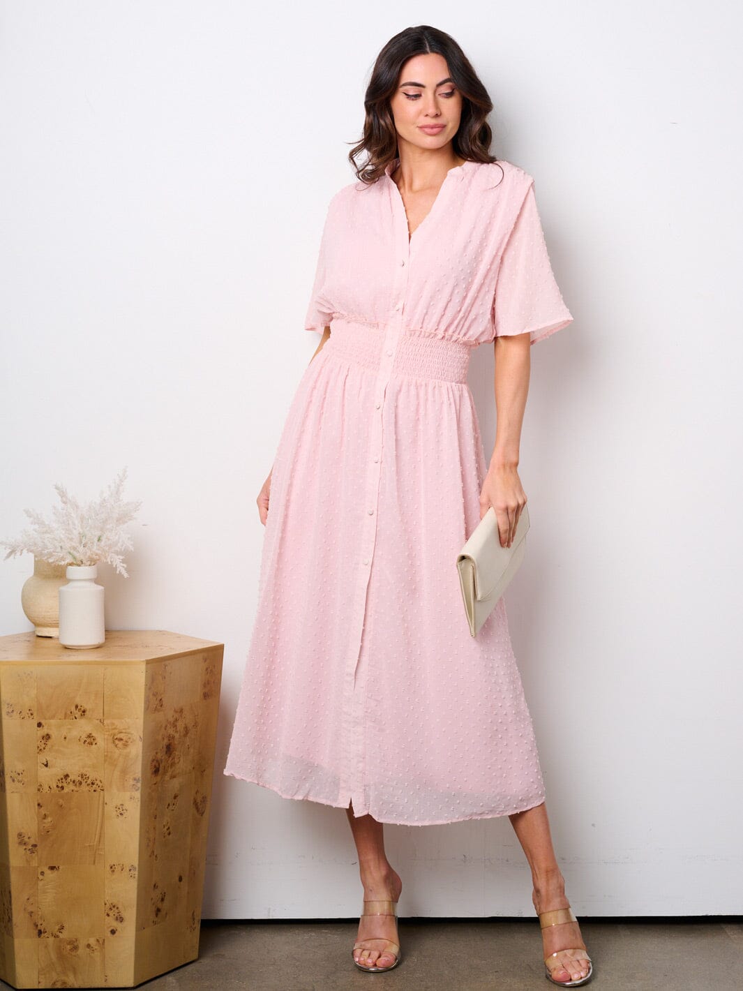 WOMEN'S SHORT SLEEVE BUTTON UP SMOCK SWISS DOTS MAXI DRESS