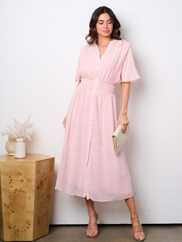 WOMEN'S SHORT SLEEVE BUTTON UP SMOCK SWISS DOTS MAXI DRESS