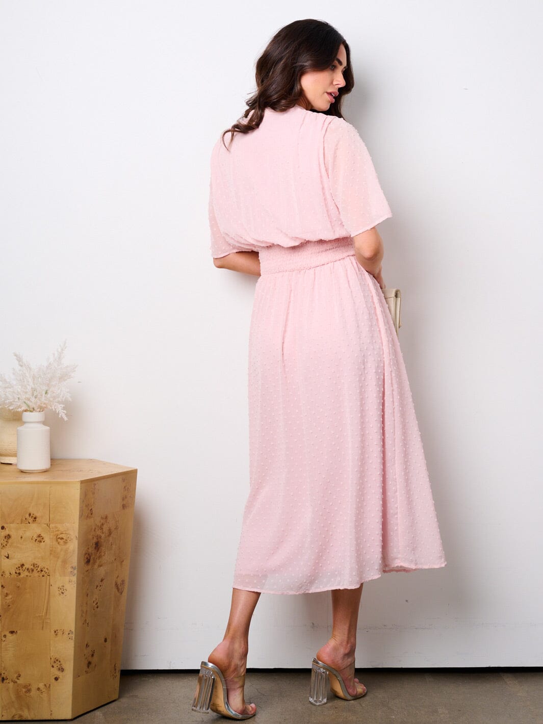 WOMEN'S SHORT SLEEVE BUTTON UP SMOCK SWISS DOTS MAXI DRESS