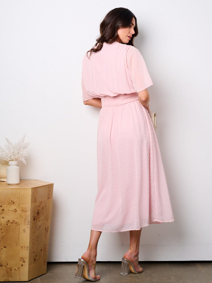 WOMEN'S SHORT SLEEVE BUTTON UP SMOCK SWISS DOTS MAXI DRESS