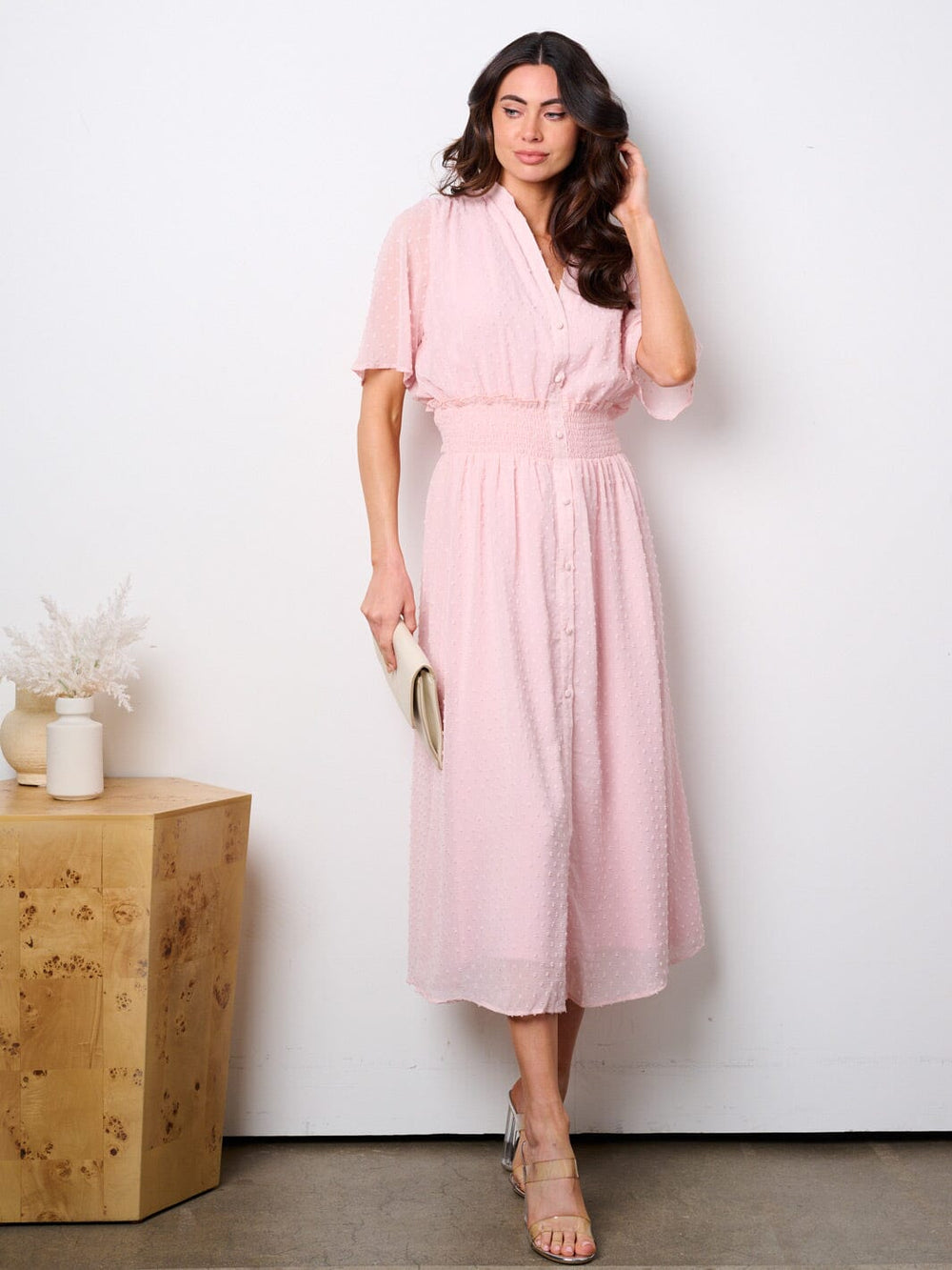 WOMEN'S SHORT SLEEVE BUTTON UP SMOCK SWISS DOTS MAXI DRESS