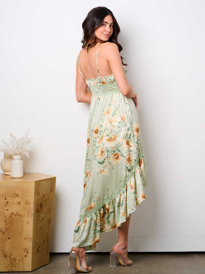 WOMEN'S SLEEVELESS SURPLICE HIGH-LOW FLORAL MAXI DRESS