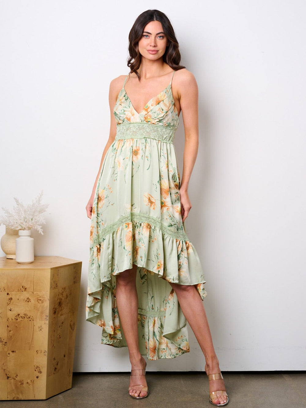 WOMEN'S SLEEVELESS SURPLICE HIGH-LOW FLORAL MAXI DRESS