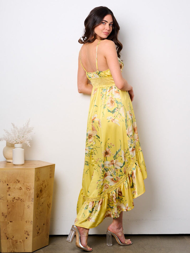 WOMEN'S SLEEVELESS SURPLICE HIGH-LOW FLORAL MAXI DRESS