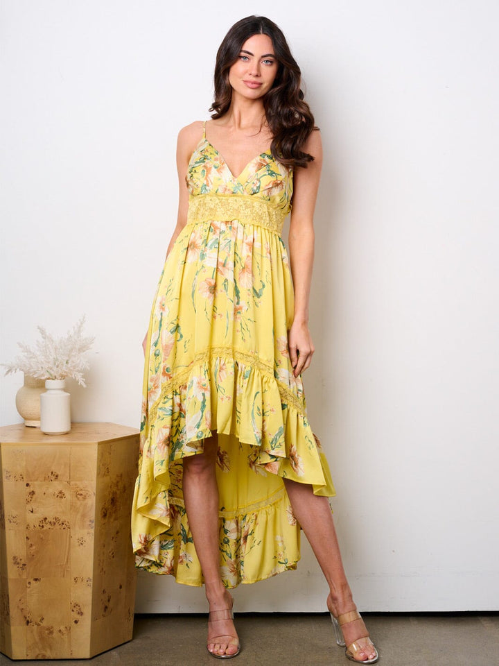 WOMEN'S SLEEVELESS SURPLICE HIGH-LOW FLORAL MAXI DRESS