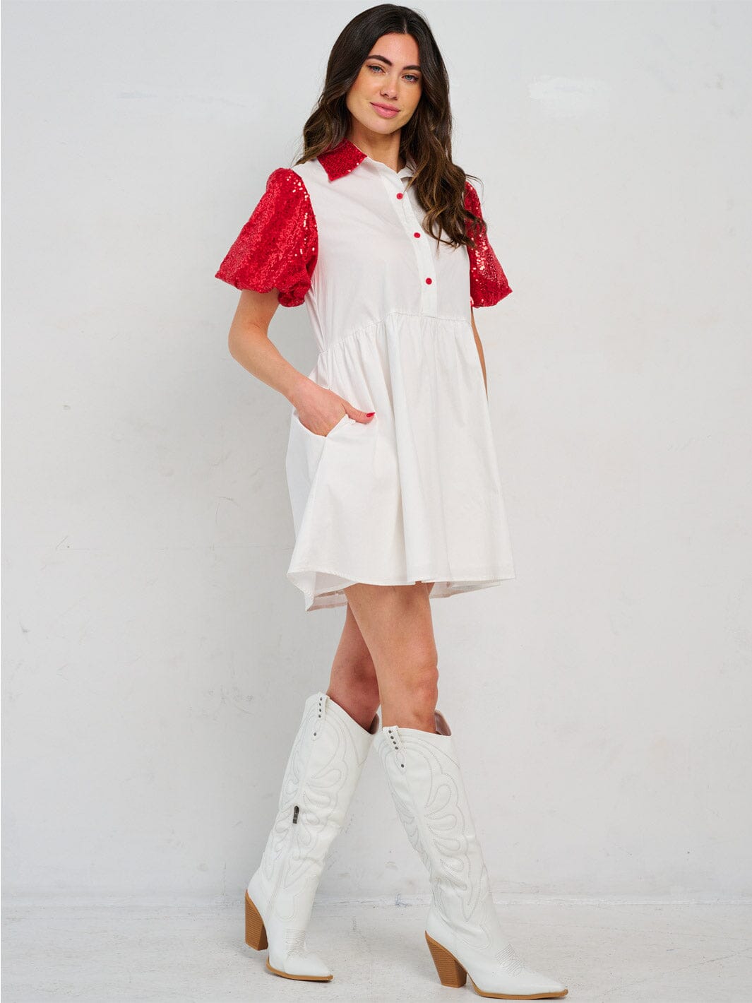 WOMEN'S SHORT PUFF SLEEVE FRONT POCKETS BUTTON CLOSURE COLORBLOCK SEQUINS MINI DRESS