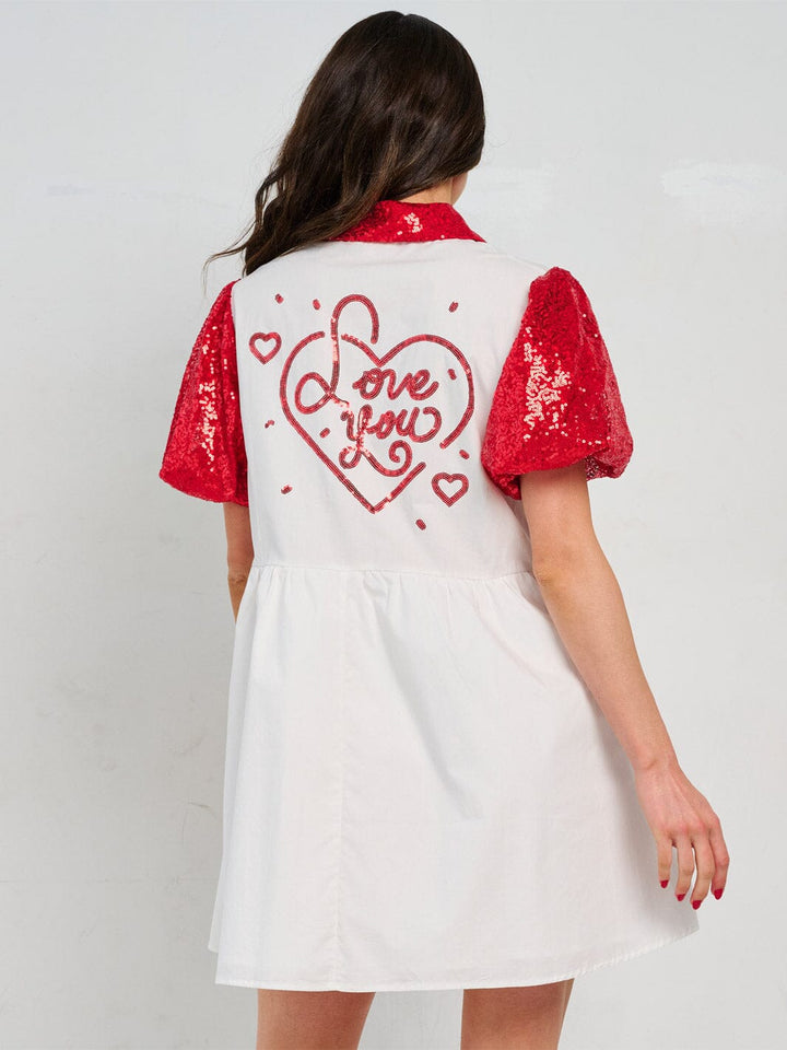 WOMEN'S SHORT PUFF SLEEVE FRONT POCKETS BUTTON CLOSURE COLORBLOCK SEQUINS MINI DRESS