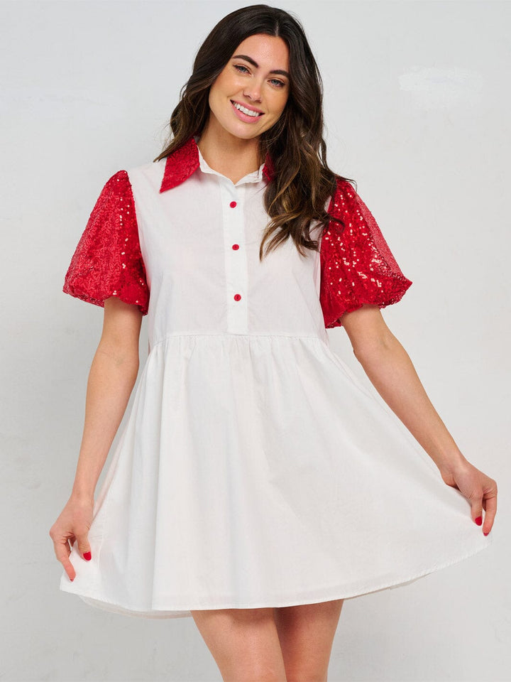 WOMEN'S SHORT PUFF SLEEVE FRONT POCKETS BUTTON CLOSURE COLORBLOCK SEQUINS MINI DRESS