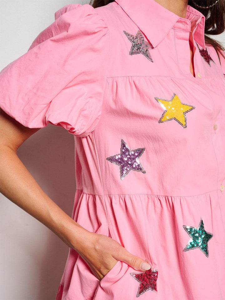 WOMEN'S SHORT SLEEVE BUTTON UP SEQUINS STARS MINI DRESS