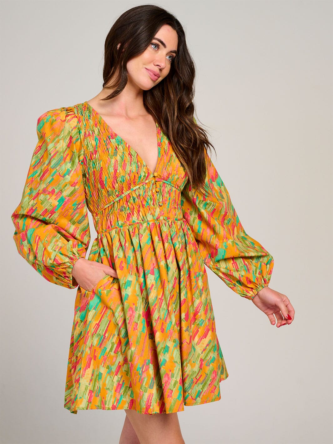 WOMEN'S LONG SLEEVE V-NECK SMOCK MULTI PRINT FIT & FLARE MINI DRESS