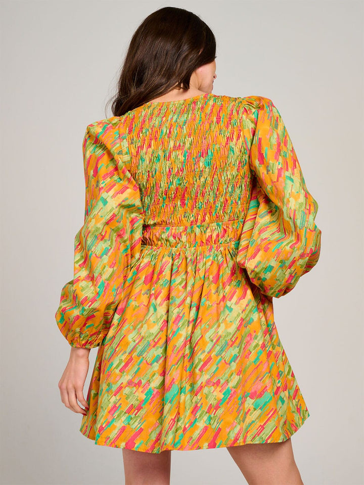 WOMEN'S LONG SLEEVE V-NECK SMOCK MULTI PRINT FIT & FLARE MINI DRESS