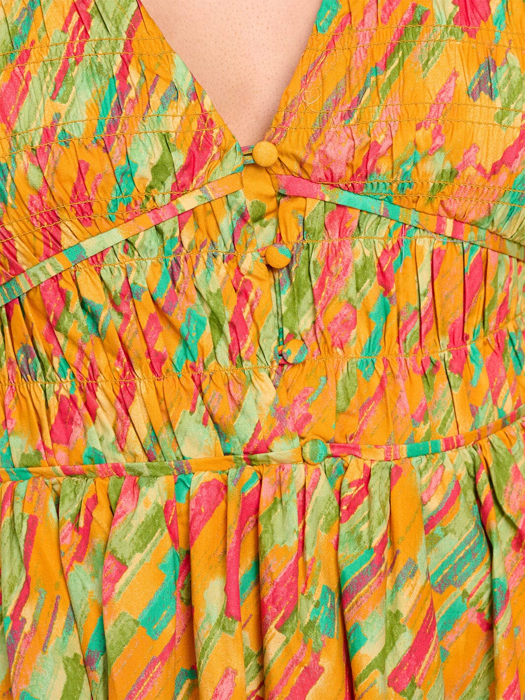 WOMEN'S LONG SLEEVE V-NECK SMOCK MULTI PRINT FIT & FLARE MINI DRESS
