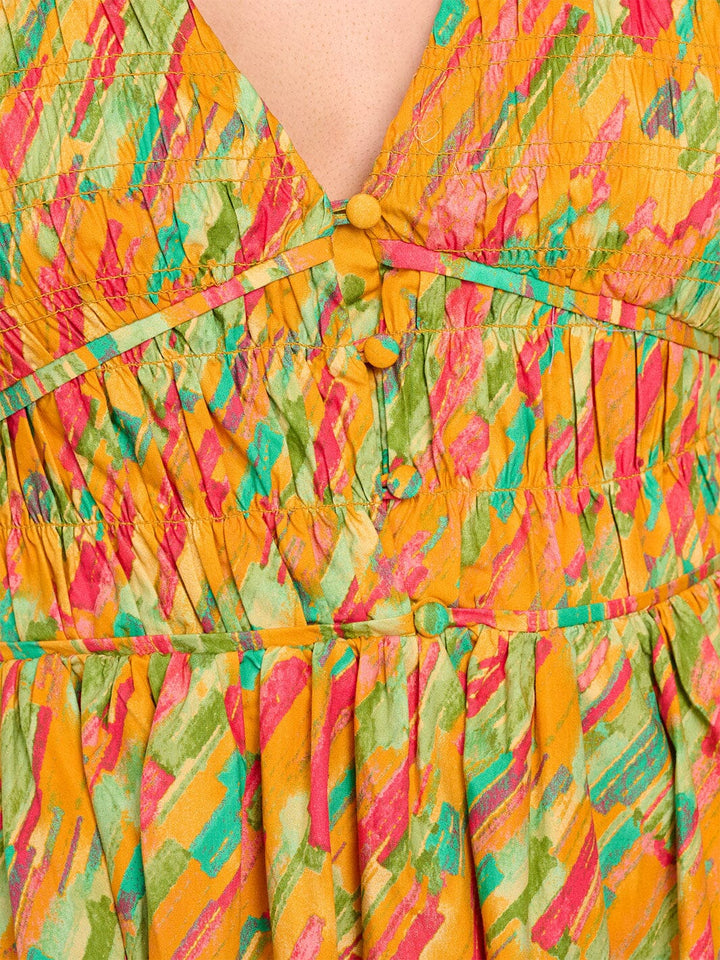 WOMEN'S LONG SLEEVE V-NECK SMOCK MULTI PRINT FIT & FLARE MINI DRESS