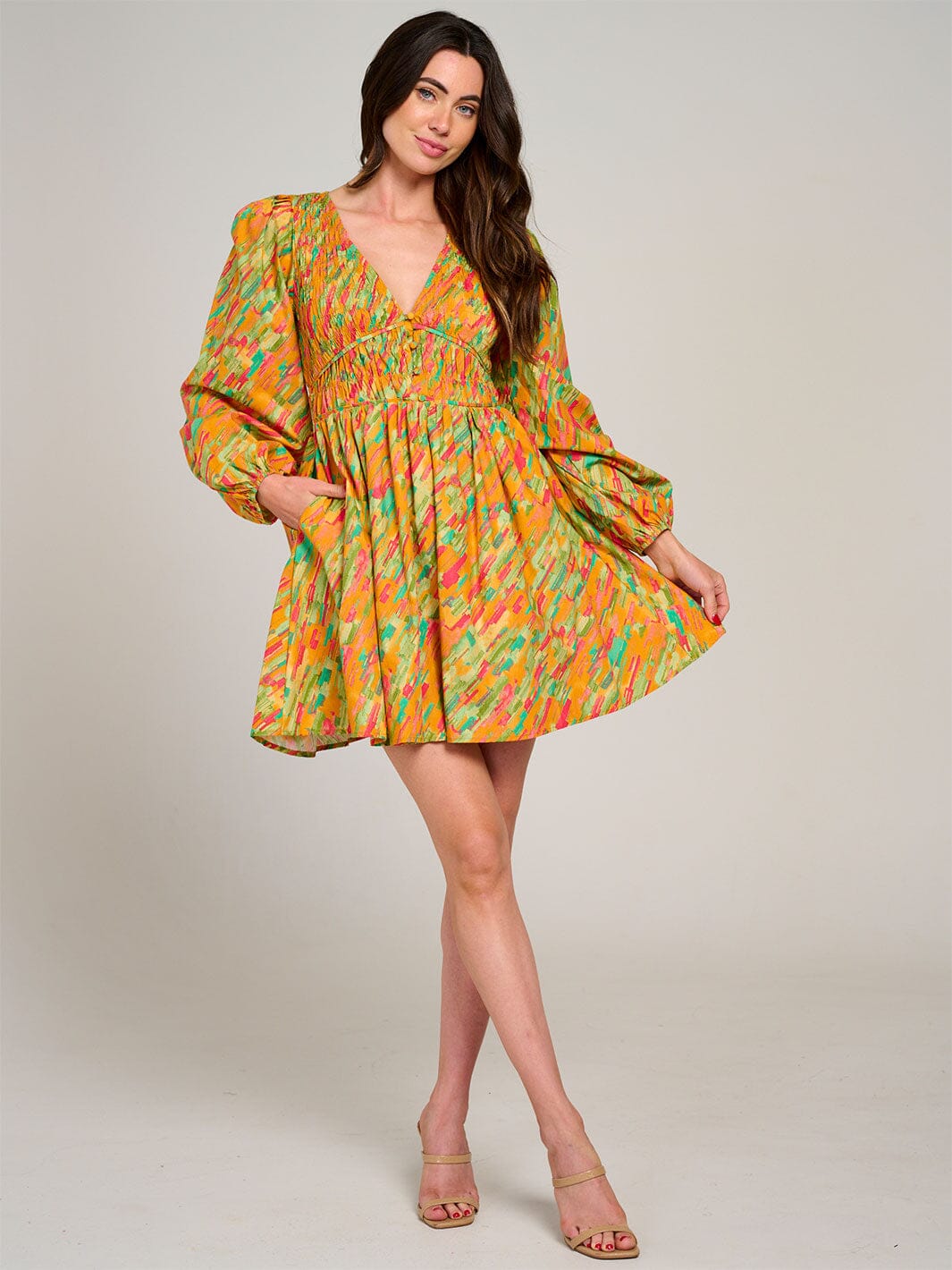 WOMEN'S LONG SLEEVE V-NECK SMOCK MULTI PRINT FIT & FLARE MINI DRESS