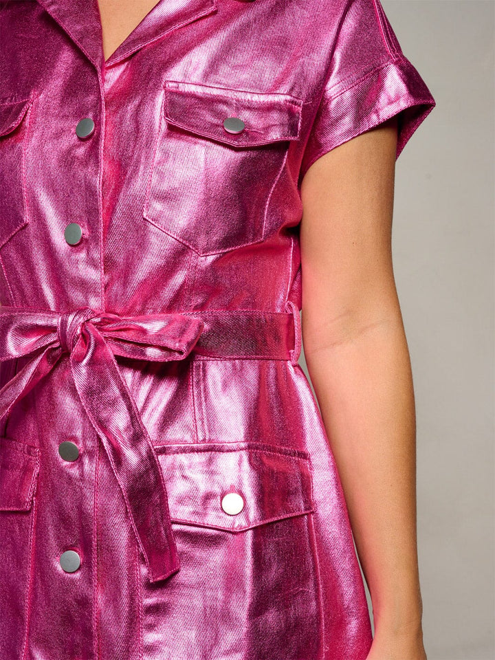 WOMEN'S SHORT SLEEVE BUTTON UP SELF TIE METALLIC MINI DRESS