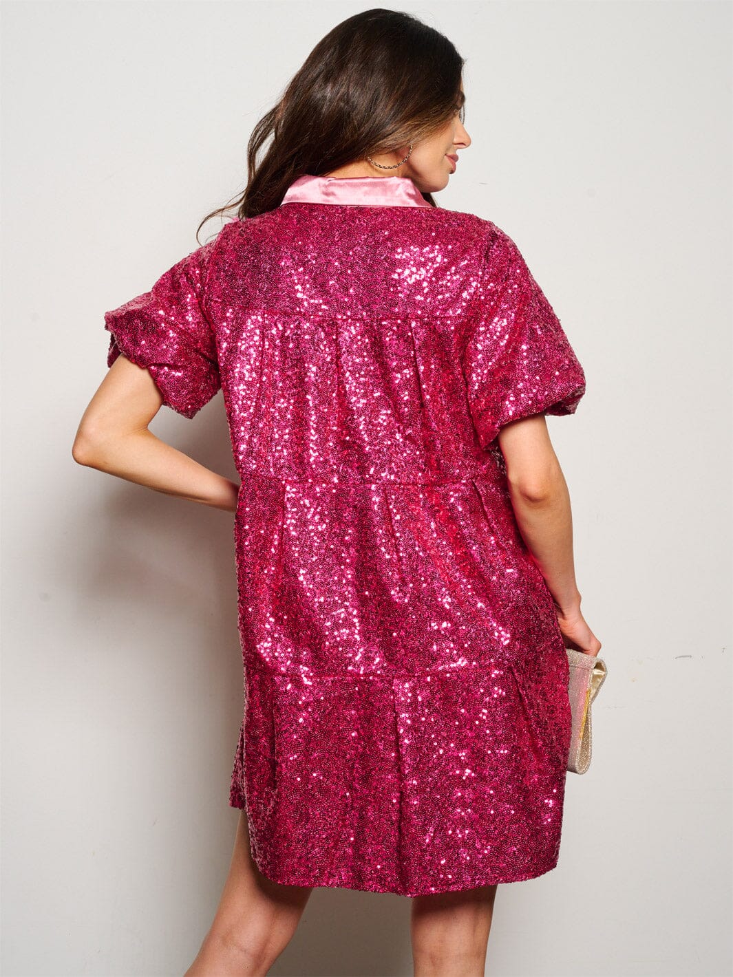 WOMEN'S SHORT SLEEVE POCKETS TIERED TUNIC SEQUINS MINI DRESS