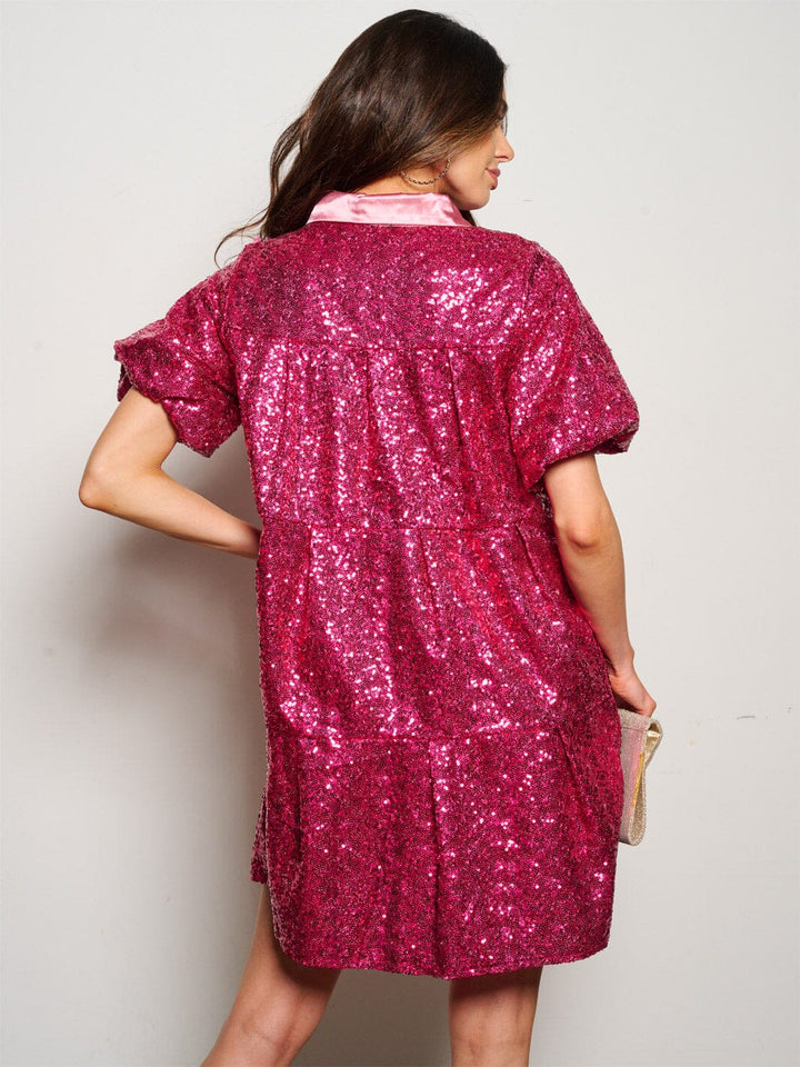 WOMEN'S SHORT SLEEVE POCKETS TIERED TUNIC SEQUINS MINI DRESS