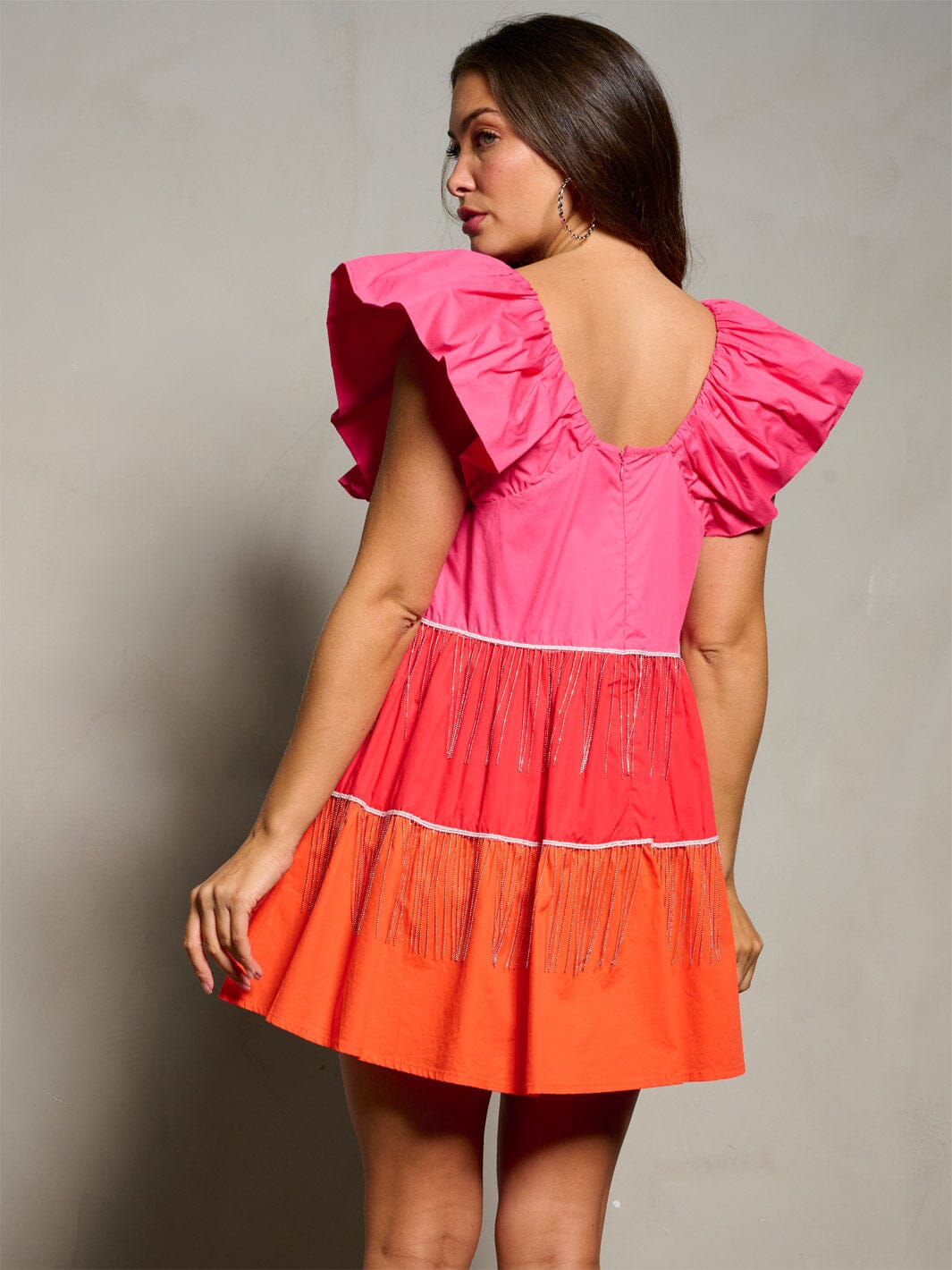 WOMEN'S RUFFLE SLEEVE TUNIC TIERED FRINGE STUDS COLORBLOCK MINI DRESS
