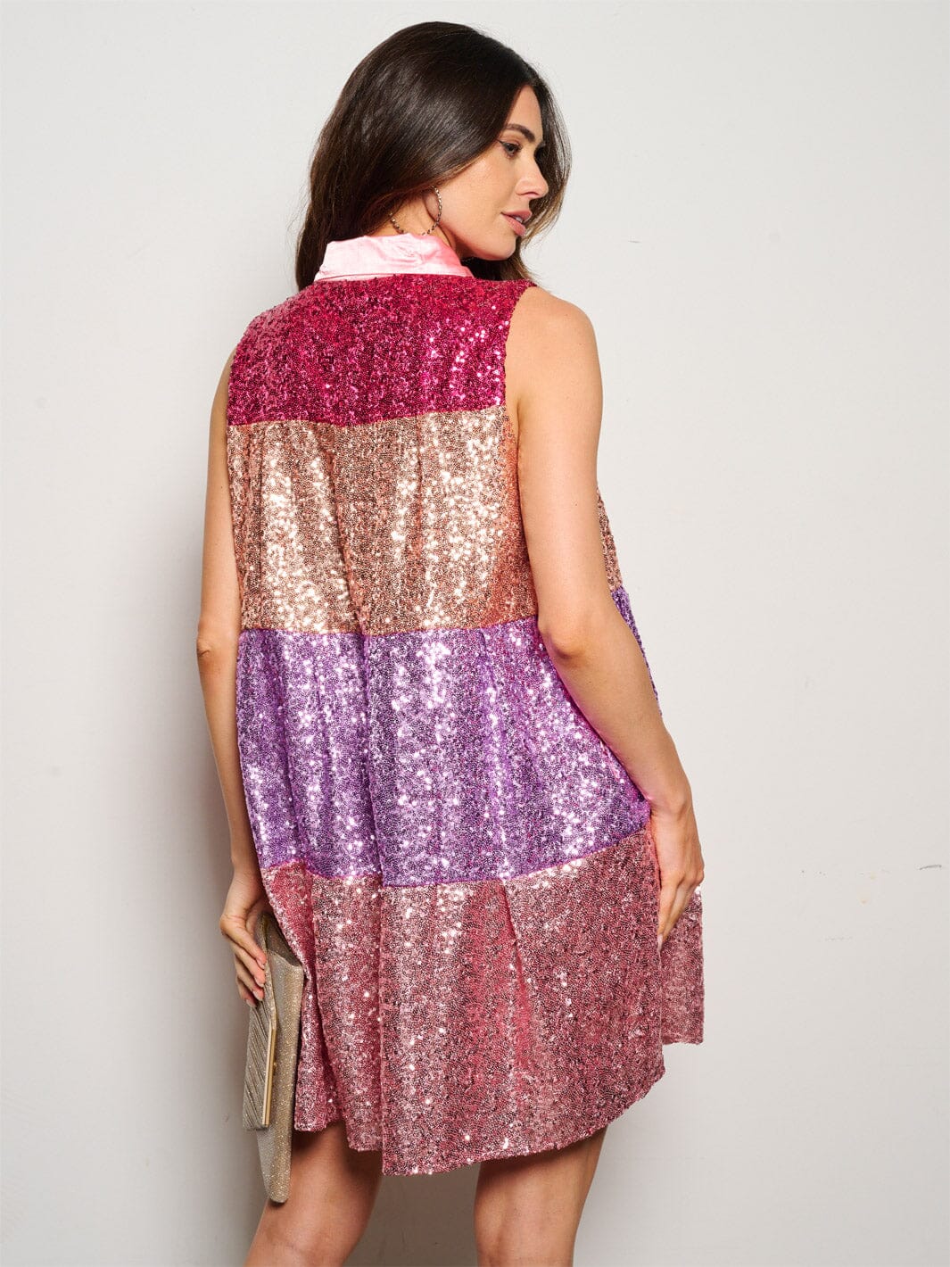 WOMEN'S SLEEVELESS POCKETS TIERED TUNIC SEQUINS COLORBLOCK MINI DRESS