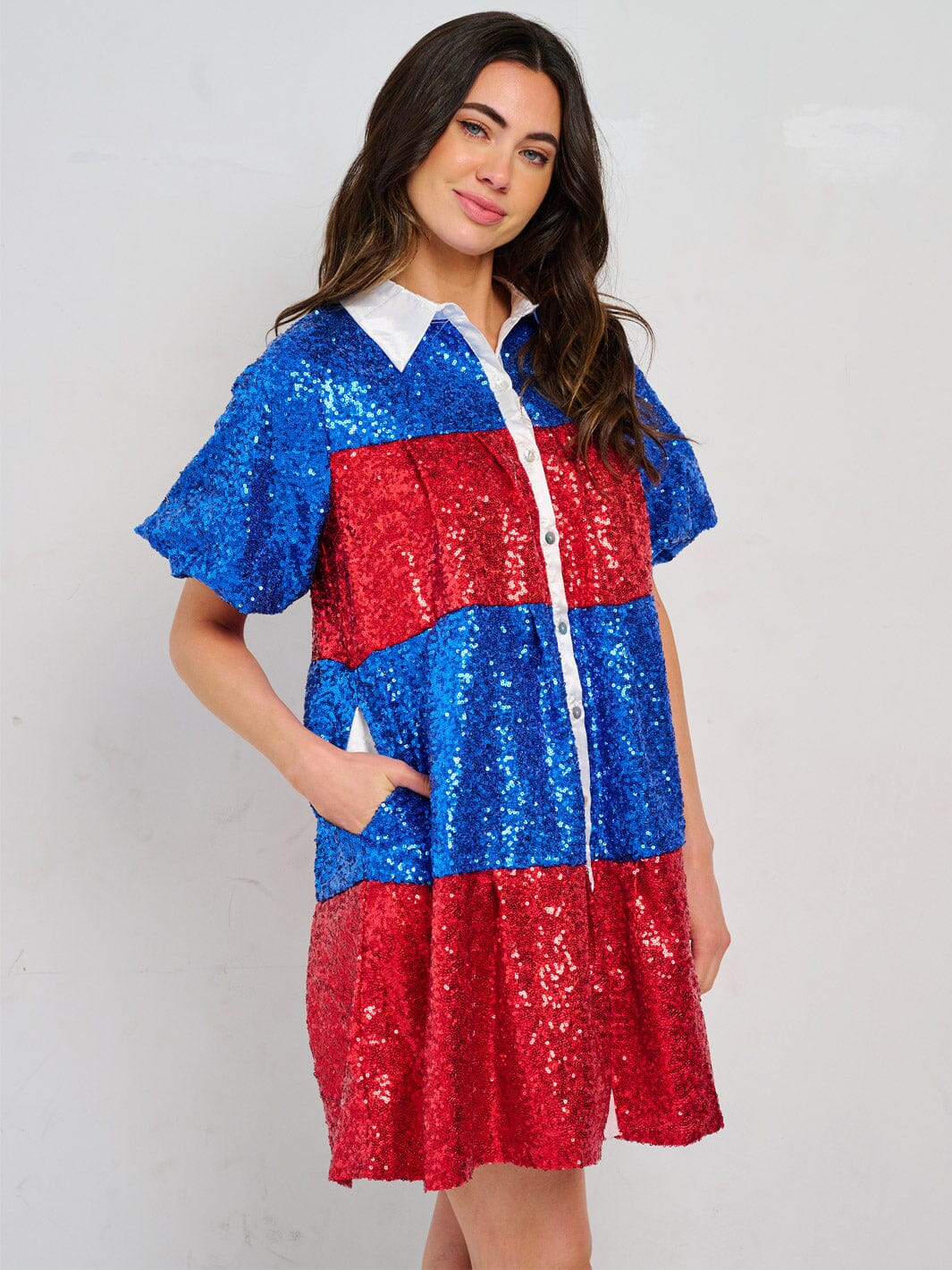 WOMEN'S SHORT PUFF SLEEVE FRONT POCKETS BUTTON CLOSURE COLORBLOCK SEQUINS MINI DRESS