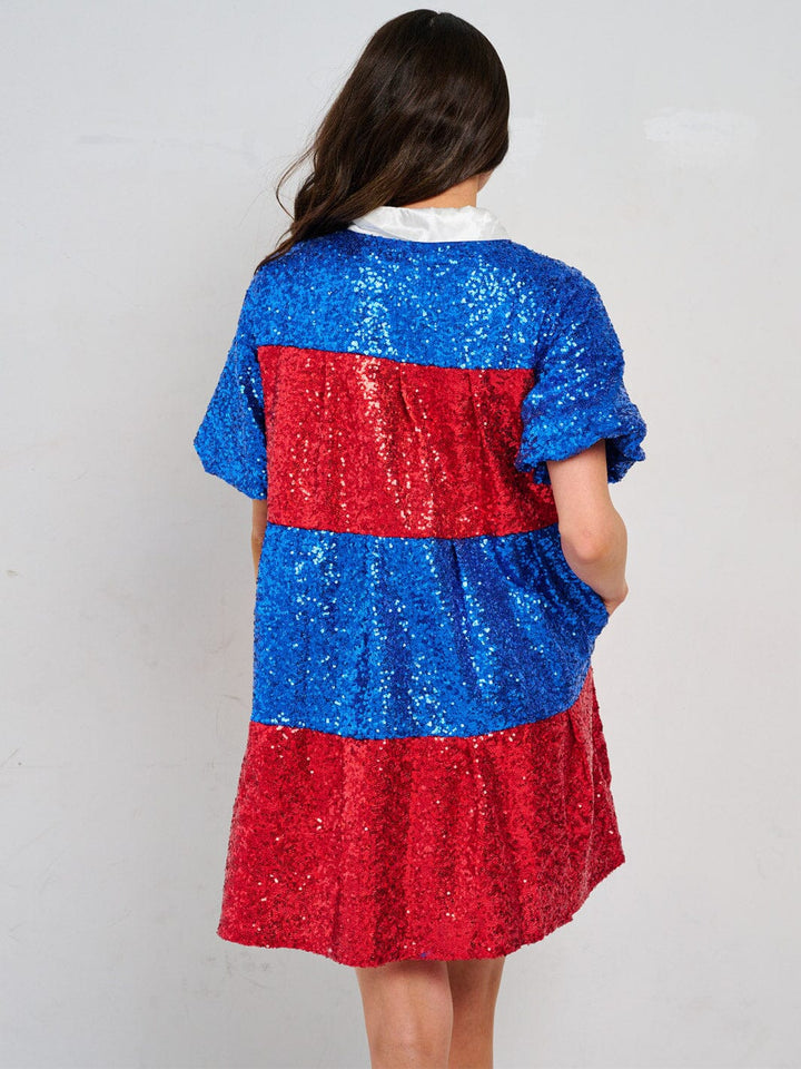 WOMEN'S SHORT PUFF SLEEVE FRONT POCKETS BUTTON CLOSURE COLORBLOCK SEQUINS MINI DRESS