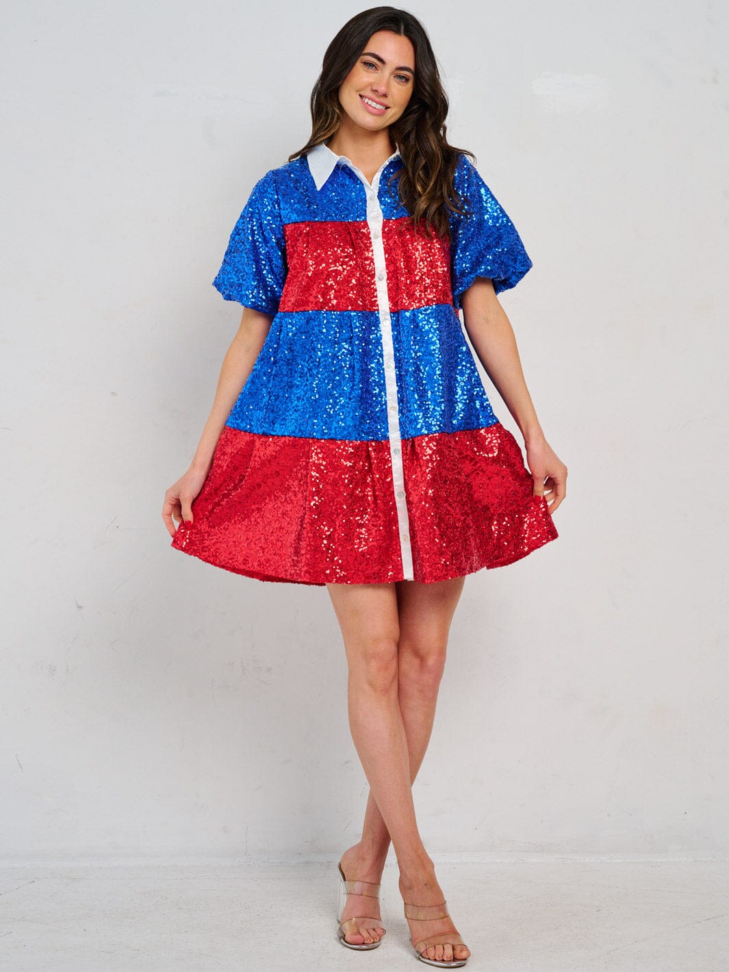 WOMEN'S SHORT PUFF SLEEVE FRONT POCKETS BUTTON CLOSURE COLORBLOCK SEQUINS MINI DRESS