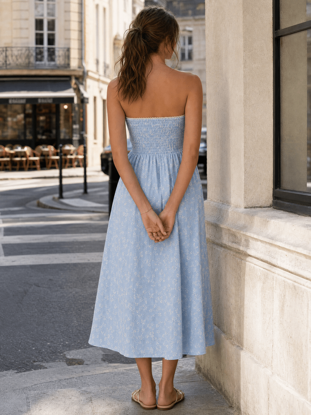 WOMEN'S SLEEVELESS LACE TRIM DETAILEDFLORAL STITCHED MIDI DRESS