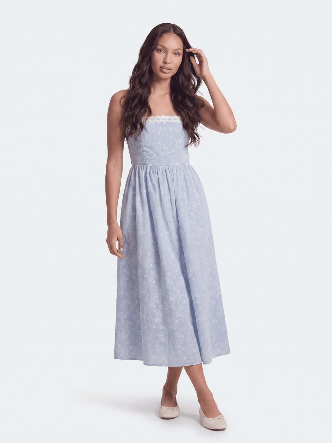 WOMEN'S SLEEVELESS LACE TRIM DETAILEDFLORAL STITCHED MIDI DRESS