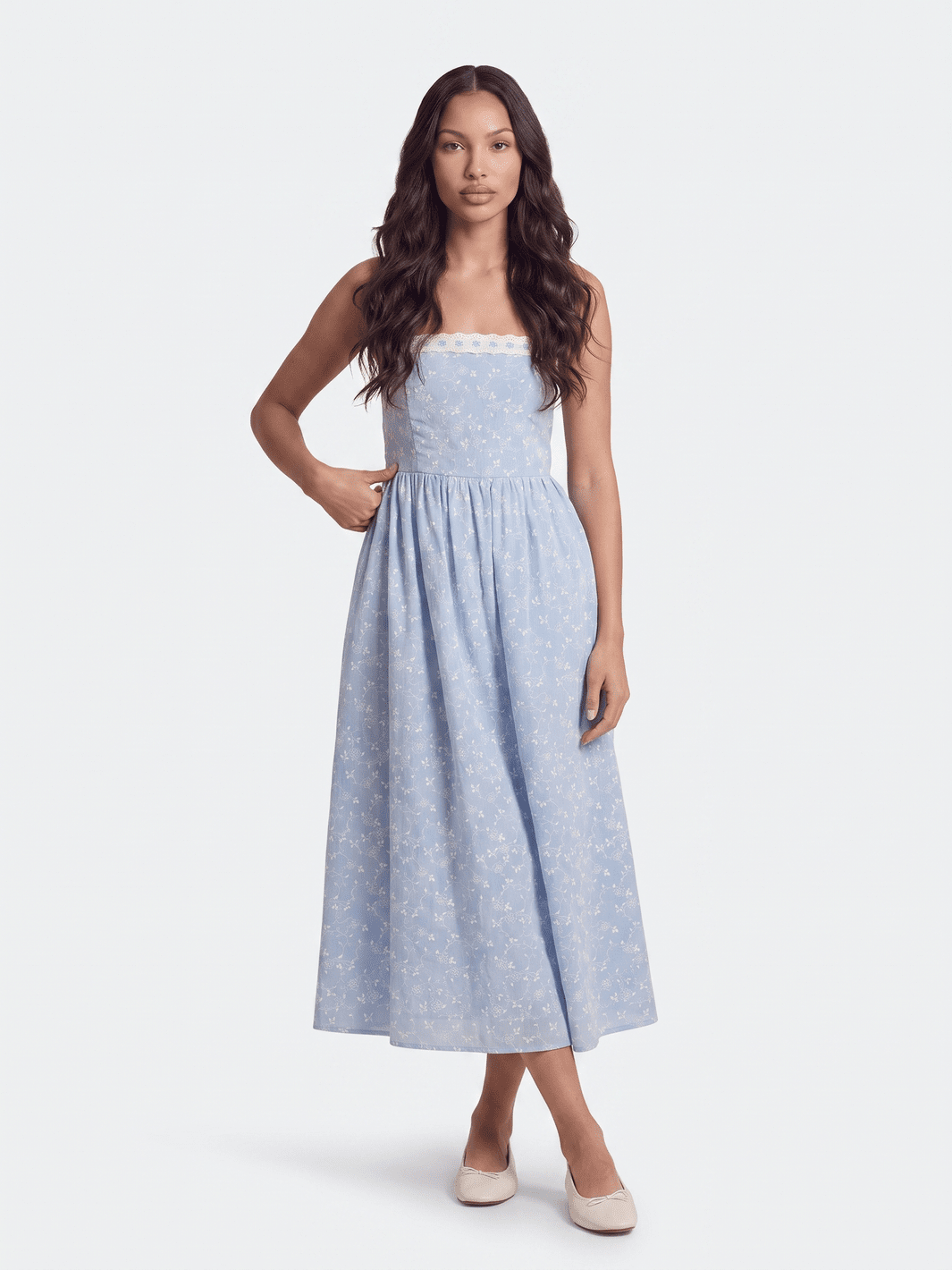 WOMEN'S SLEEVELESS LACE TRIM DETAILEDFLORAL STITCHED MIDI DRESS
