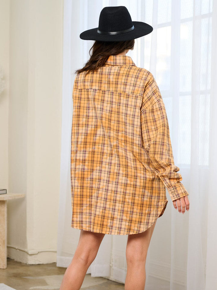WOMEN'S LONG SLEEVE BUTTON UP FRONT POCKETS PLAID MINI DRESS