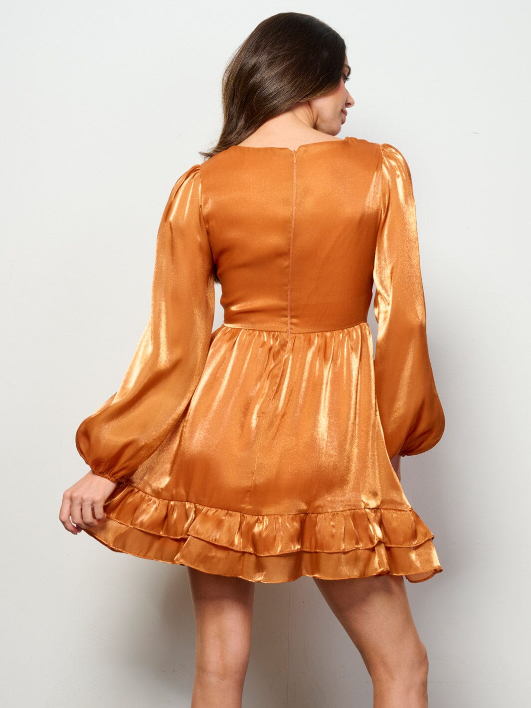 WOMEN'S LONG PUFF SLEEVE V-NECK RUFFLE SHIMMER MINI DRESS