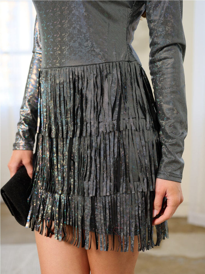 WOMEN'S LONG SLEEVE FRINGE DETAILED SHIMMER MINI DRESS
