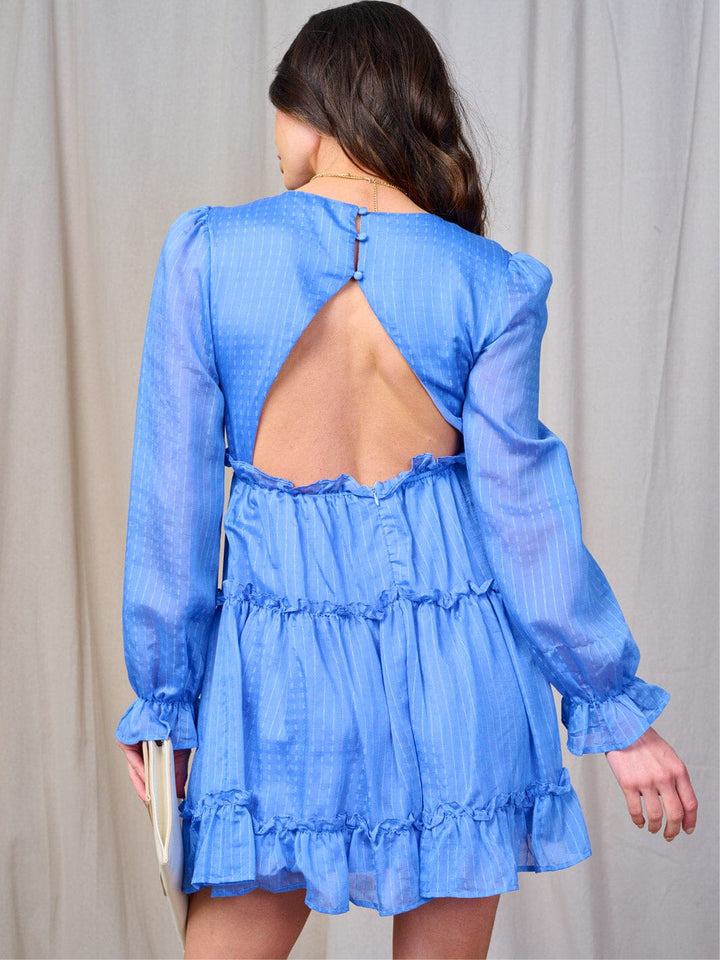 WOMEN'S LONG SLEEVE V-NECK OPEN BACK RUFFLE TIERED MINI DRESS