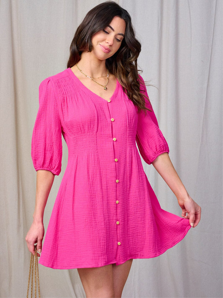 WOMEN'S SHORT SLEEVE V-NECK BUTTON UP MINI DRESS