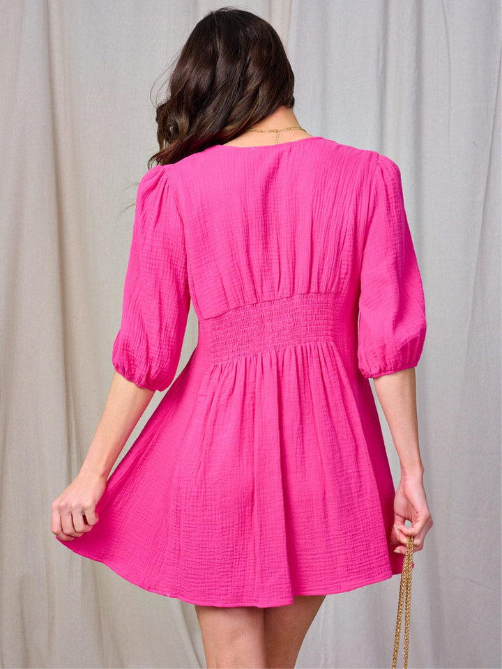 WOMEN'S SHORT SLEEVE V-NECK BUTTON UP MINI DRESS