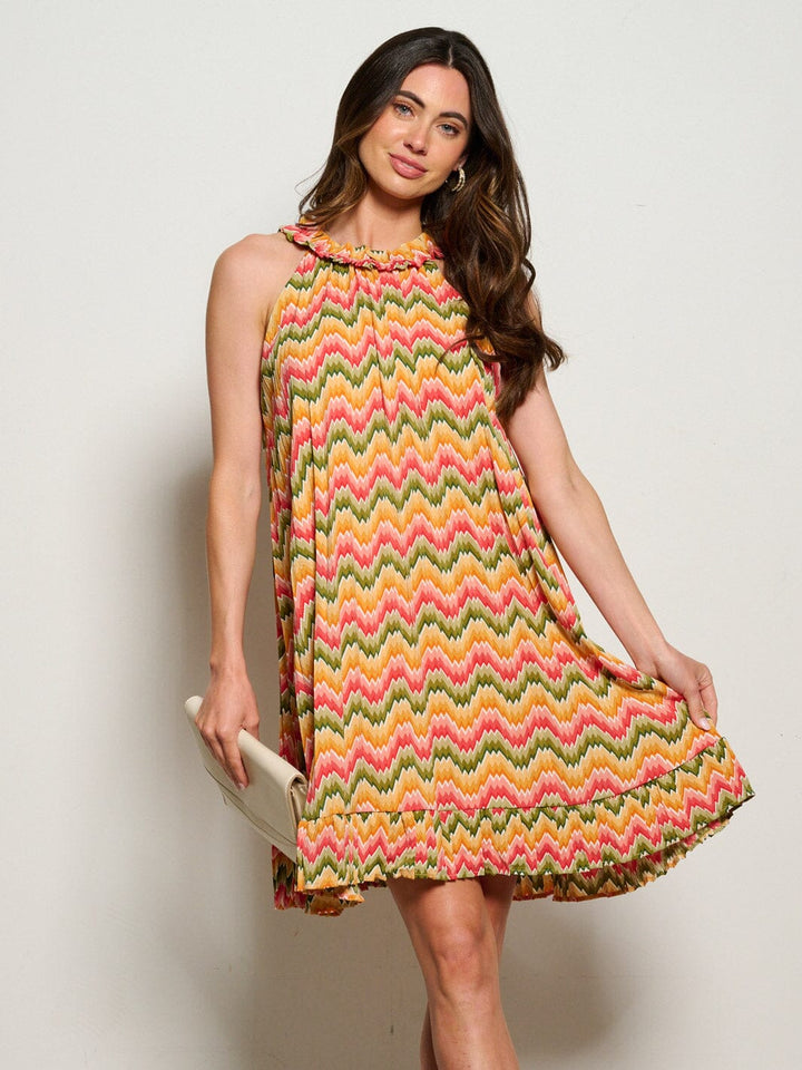WOMEN'S SLEEVELESS HALTER NECK MULTI PRINT TUNIC MINI DRESS