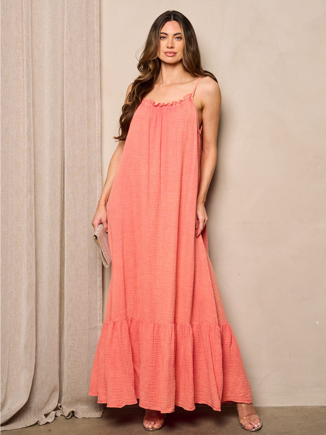 WOMEN'S SLEEVELESS TUNIC TIERED WASHED MAXI DRESS