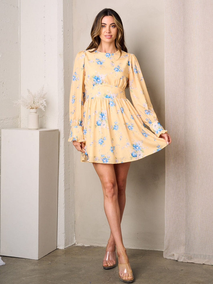 WOMEN'S LONG SLEEVE FIT & FLARE FLORAL MINI DRESS