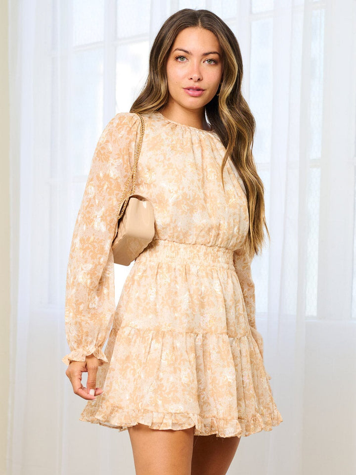 WOMEN'S LONG SLEEVE TIERED RUFFLE FLORAL MINI DRESS
