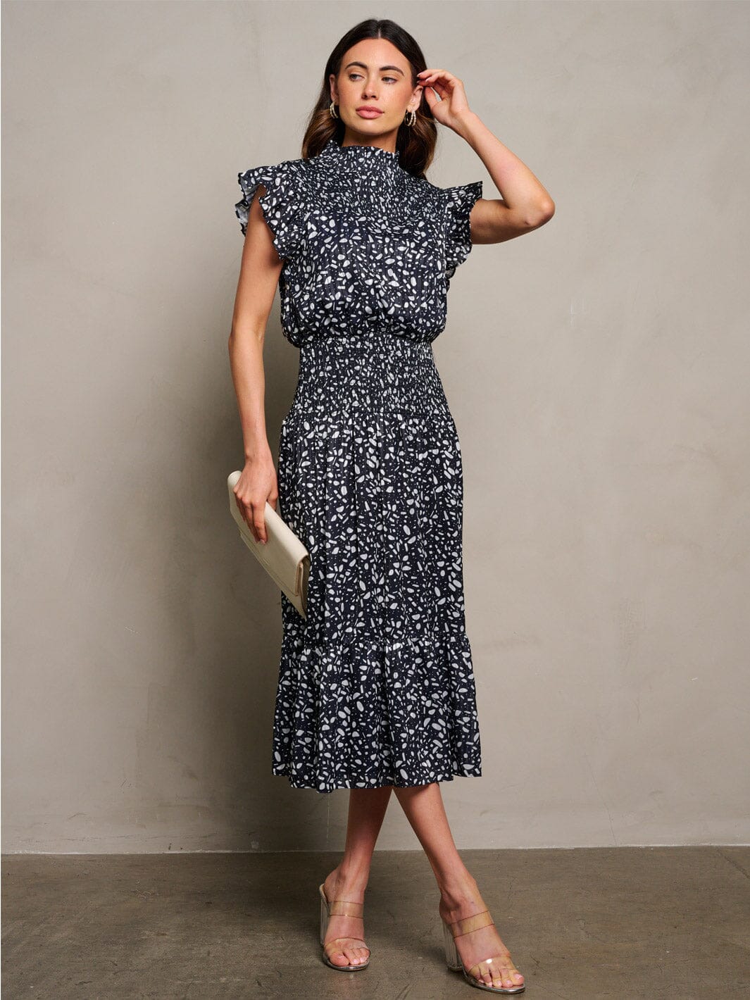 WOMEN'S RUFFLE SLEEVE MOCK NECK SMOCK PRINT MIDI DRESS
