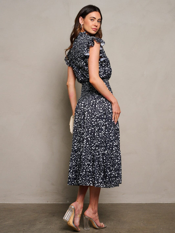 WOMEN'S RUFFLE SLEEVE MOCK NECK SMOCK PRINT MIDI DRESS