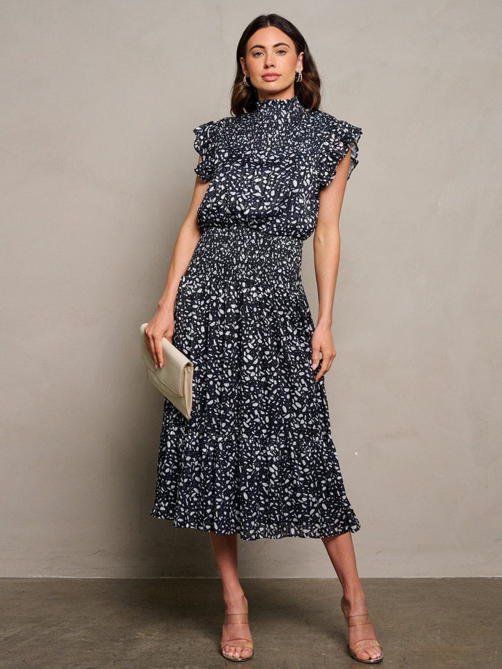 WOMEN'S RUFFLE SLEEVE MOCK NECK SMOCK PRINT MIDI DRESS