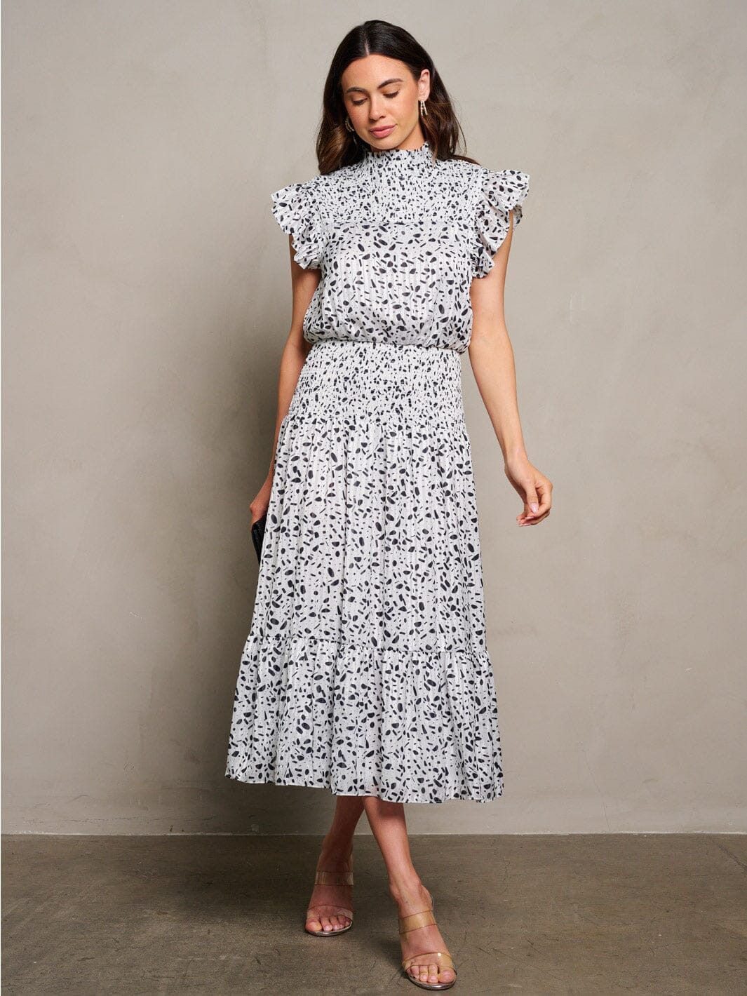 WOMEN'S RUFFLE SLEEVE MOCK NECK SMOCK PRINT MIDI DRESS
