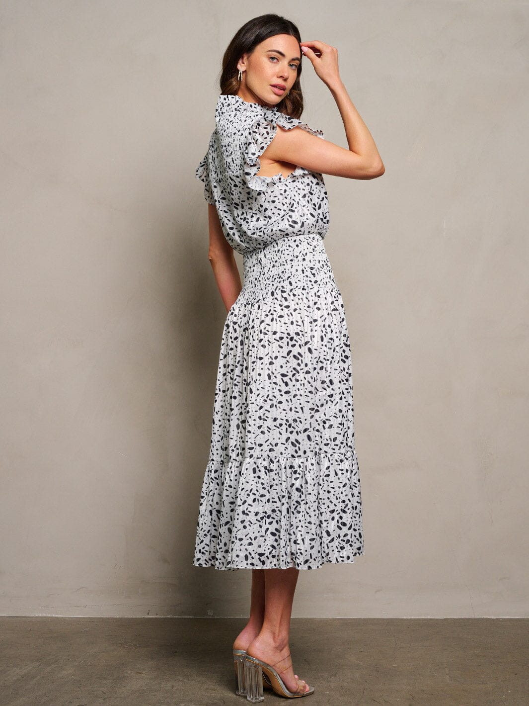 WOMEN'S RUFFLE SLEEVE MOCK NECK SMOCK PRINT MIDI DRESS